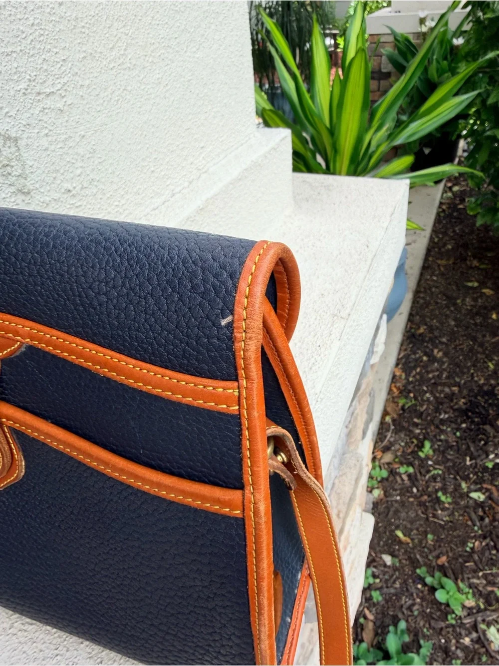 Vintage Dooney & Bourke All Weather Leather Navy British Tan Crossbody USA Made